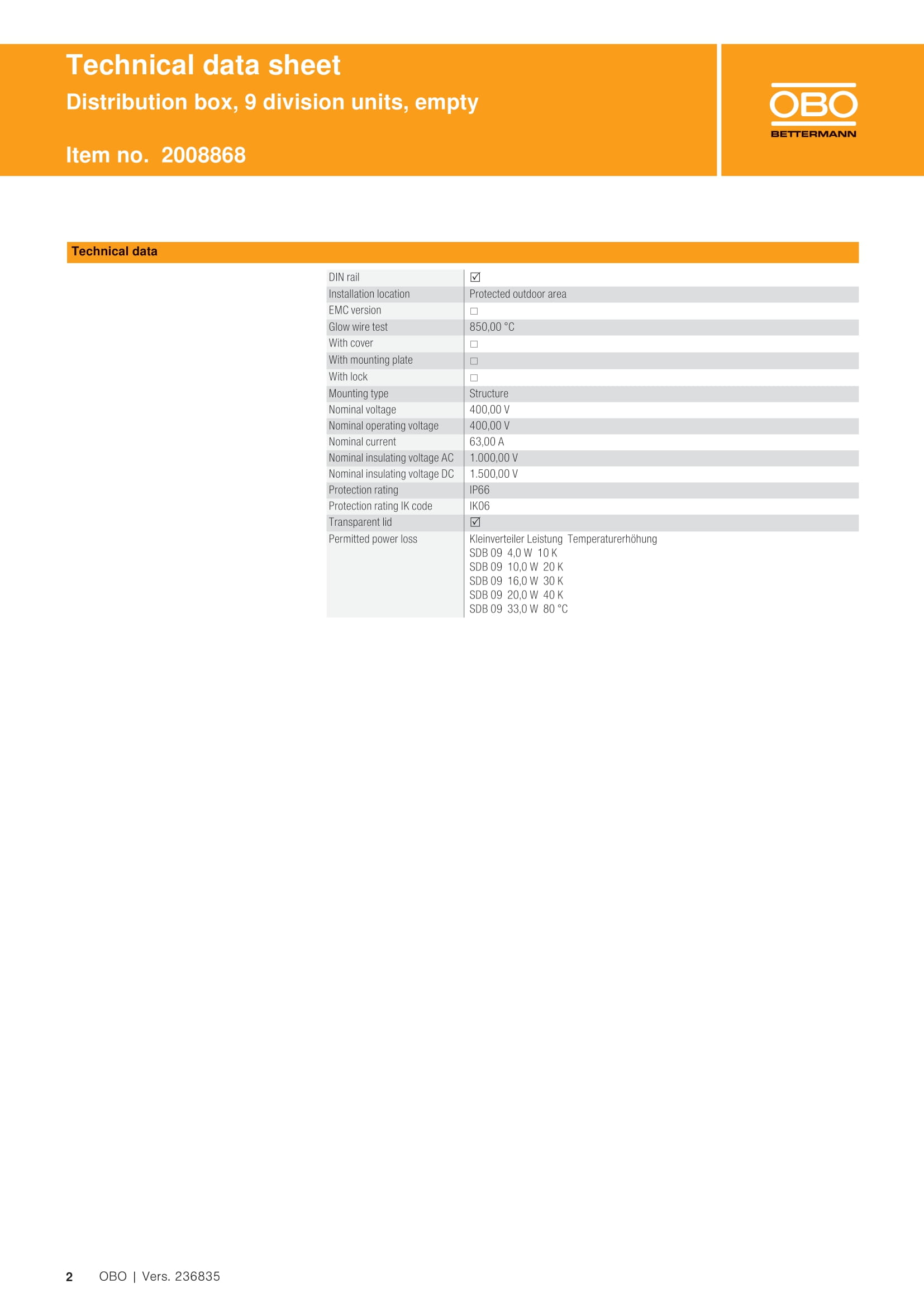 Distribution box, 9 division units, empty Polycarbonate