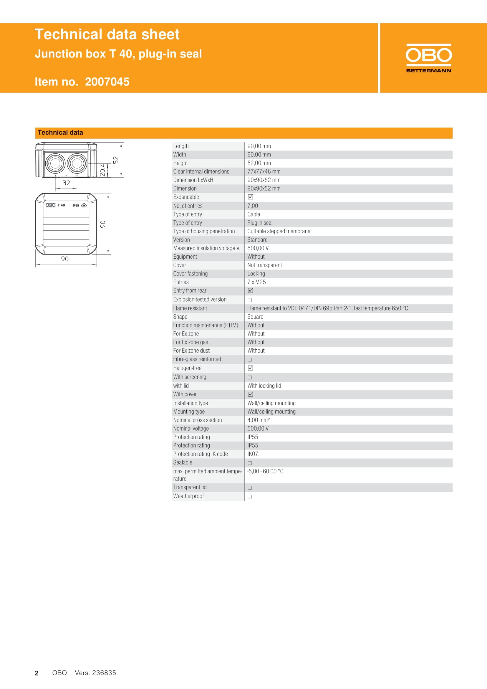 Junction box T 40, plug-in seal