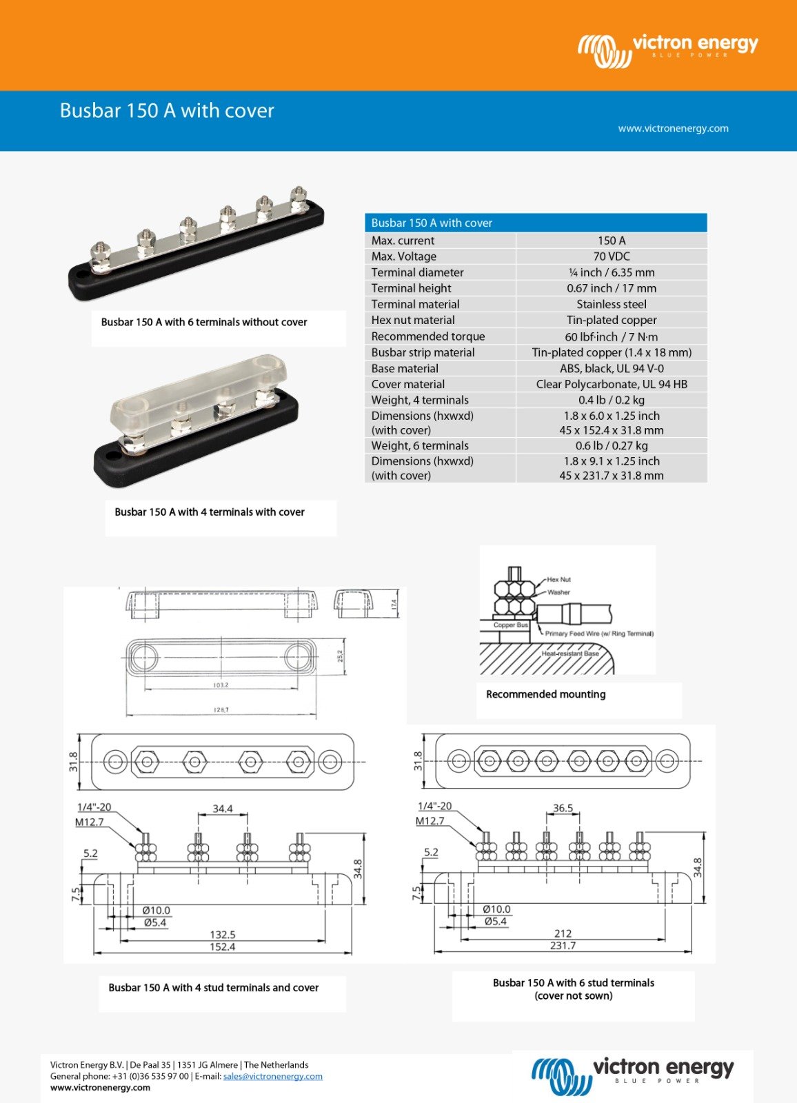 Busbar 150A 6P + cover