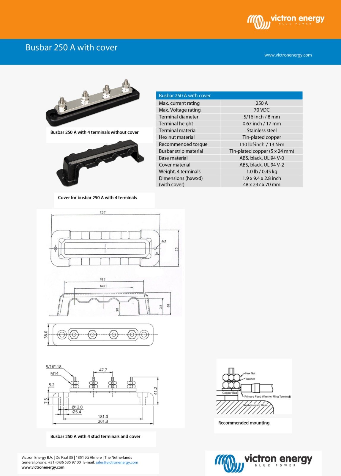 Busbar 250A 4P + cover