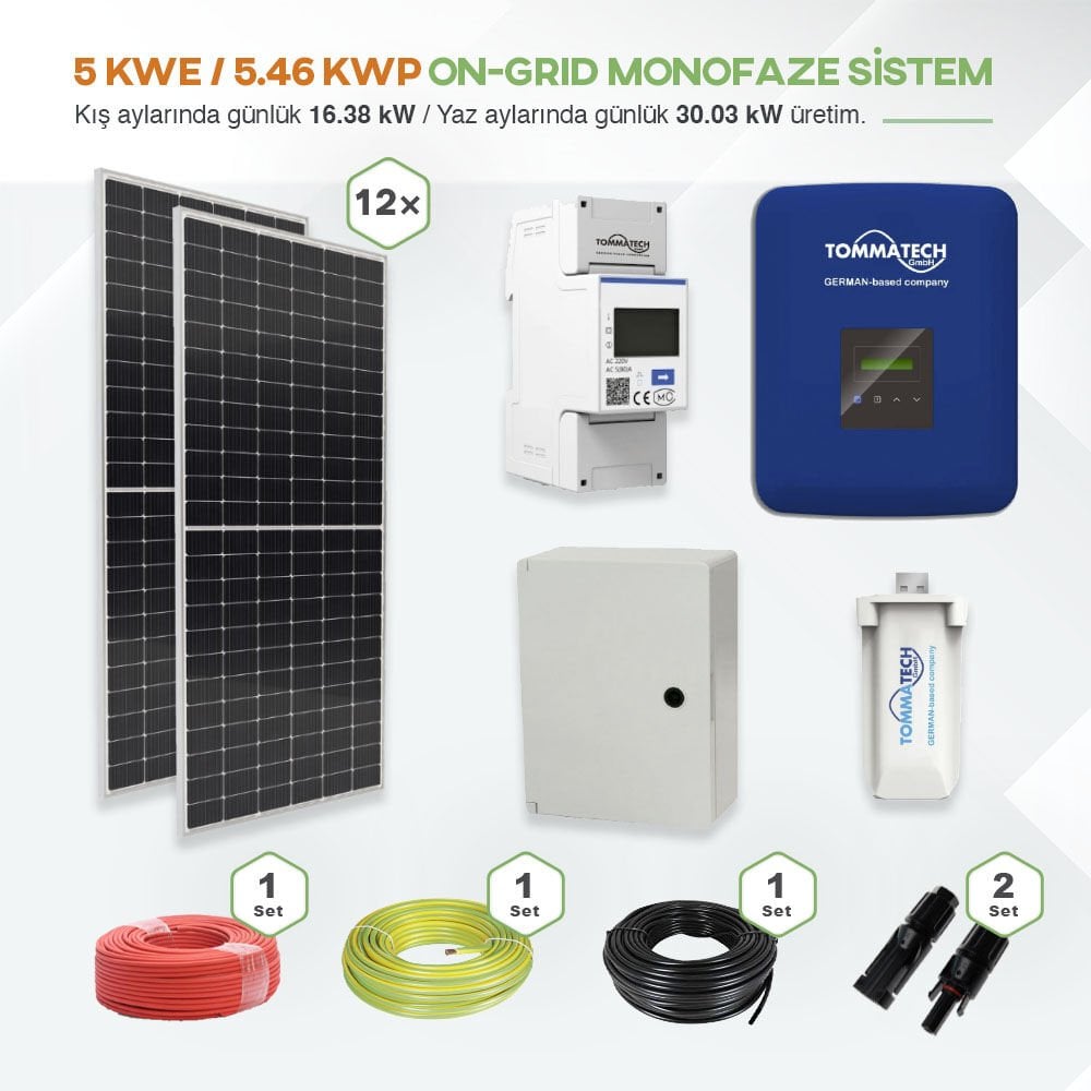 5 kWe / 5.46 kWp ON-GRID Monofaze Solar Paket Sistem