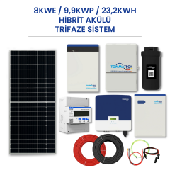 8kWe / 9.9kWp / 23.2kWh Hibrit Akülü Trifaze Solar Paket Sistem